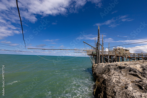 Trabucco, (Trabocco, Trebuchet) overlooking the Adriatic sea, a traditional Italian wooden fishing house. Stilt house for fishing on Apulian coast. Costa dei Trabocchi, Puglia (Apulia), Italy, Europe