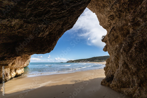 Mannacora or Manaccora a beautiful beach seen through a cave on Apulian coast. Peschici, Puglia (Apulia), Italy, Europe
