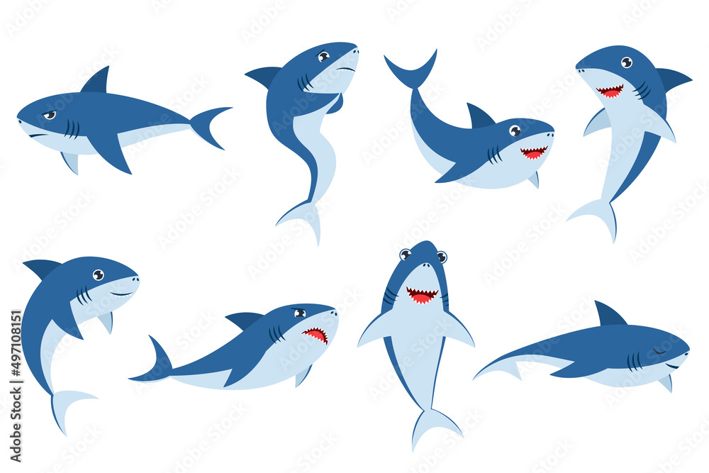 Cute sharks in different poses cartoon illustration set. Baby underwater animal laughing, sleeping, swimming, smiling, being sad, scared and angry on white background. Marine animal, fish concept Cute sharks in different poses cartoon illustration set. Baby underwater animal laughing, sleeping, swimming, smiling, being sad, scared and angry on white background. Marine animal, fish concept
