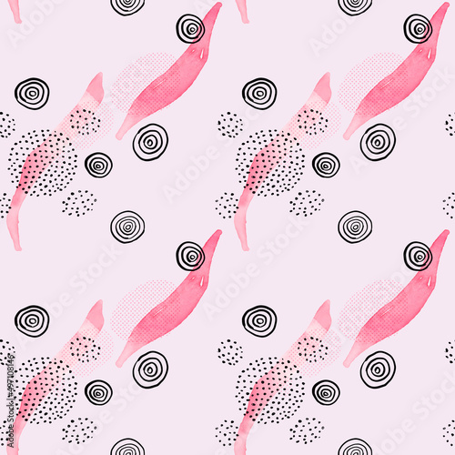 Black and pink abstract seamless pattern with many shapes. For any textile fabric design, wallpaper or background. Elegant creative elements written by hand.