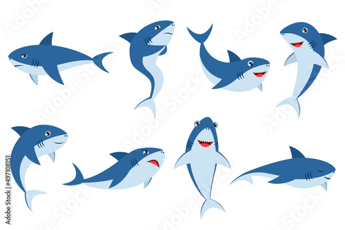 Cute sharks in different poses cartoon illustration set. Baby underwater animal laughing, sleeping, swimming, smiling, being sad, scared and angry on white background. Marine animal, fish concept