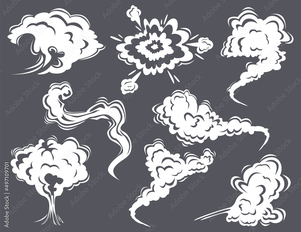 White smoke clouds on grey background cartoon illustration set. Fog, comic  trail from explosion or gas blast, dust, puff, hot steam, fume. Vapor,  atmosphere, wind concept Stock Vector | Adobe Stock