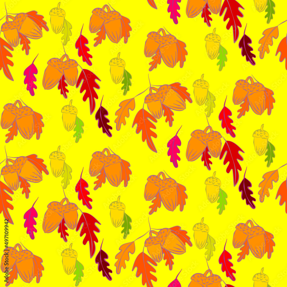Obraz premium Vector seamless half-drop pattern, with leaves and acorn