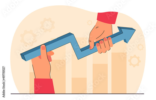 Human hands holding growing arrow of stock market graph. Person predicting growth of stats flat vector illustration. Personnel advisory service concept for banner, website design or landing web page