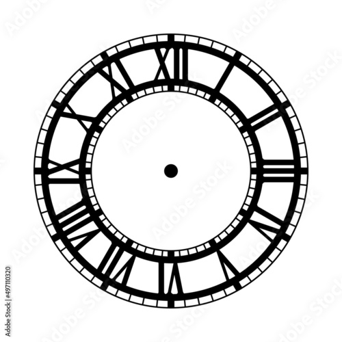 Black and white wall clock dial template. Silhouette of an old clock with Roman numerals.