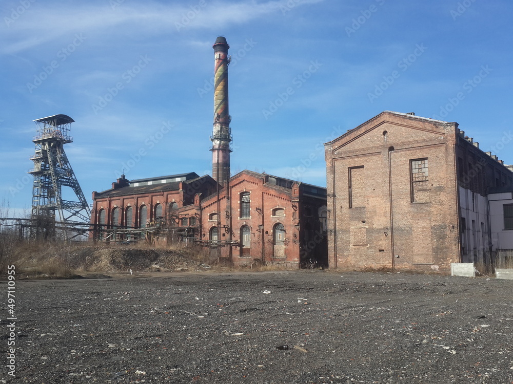 Old coal mine area (KWK Myslowice) in February 2022. Myslowice, Poland. Old coal mine area (KWK Myslowice) in February 2022. Myslowice, Poland.