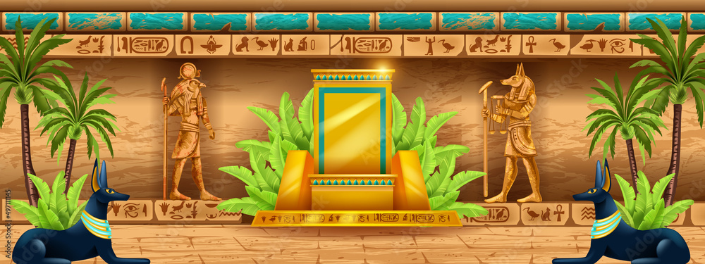 Egypt temple background, gold throne, gods statue silhouette, vector ancient pharaoh pyramid wall. Ancient civilization game interior, hieroglyphs, palace room, stone column. Egypt temple illustration - obrazy, fototapety, plakaty 