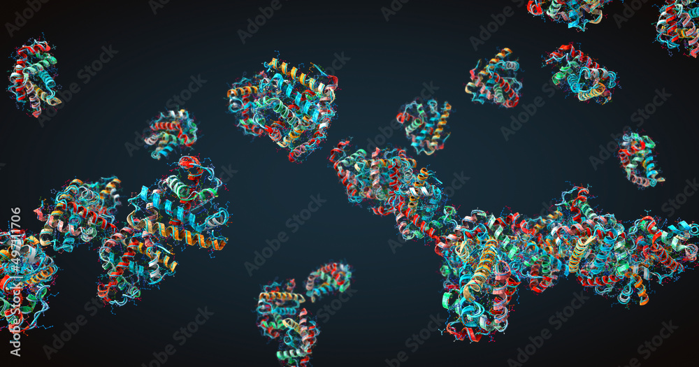 Colorful chain of amino acids or bio molecules called proteins 3d illustration Stock