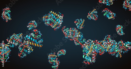Colorful chain of amino acids or bio molecules called proteins - 3d illustration photo