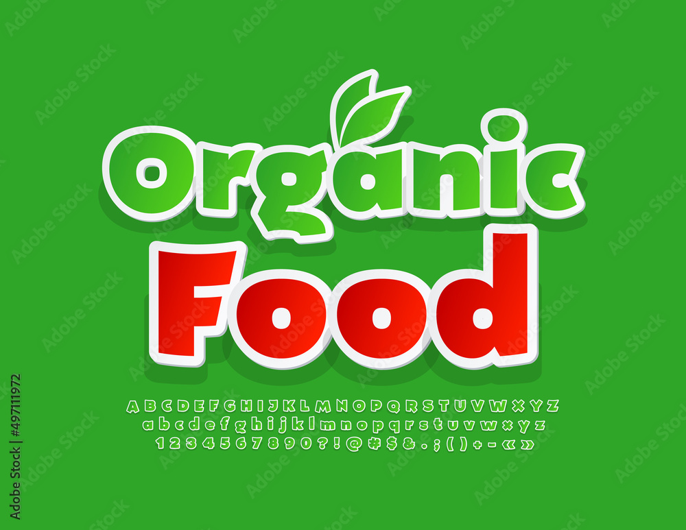 Naklejka premium Vector creative badge Organic Food with decorative Leaves. Green stickers Font. Set of Alphabet Letters, Numbers and Symbols