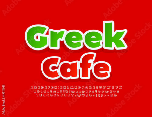 Vector bright emblem Greek Cafe with Red sticker Font. Creative set of Alphabet Letters, Numbers and Symbols