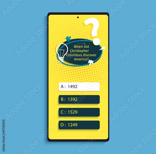 Quiz online game interface in paper cut style. Yellow and black color trivia mobile app papercut art template. UI smartphone application design. Craft vector flat screens questionnaire game