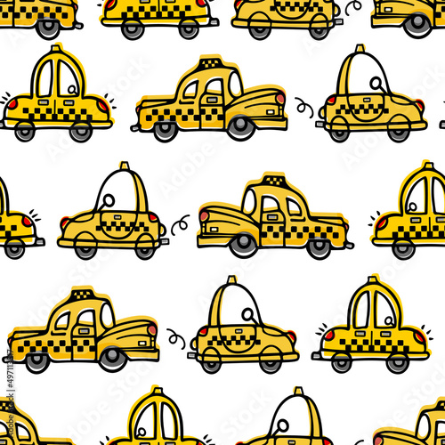 Cute cartoon yellow retro taxi drives along the road. Childrens cartoon illustration in doodle style. For boys, nursery, wallpaper, printing fabric, wrapping