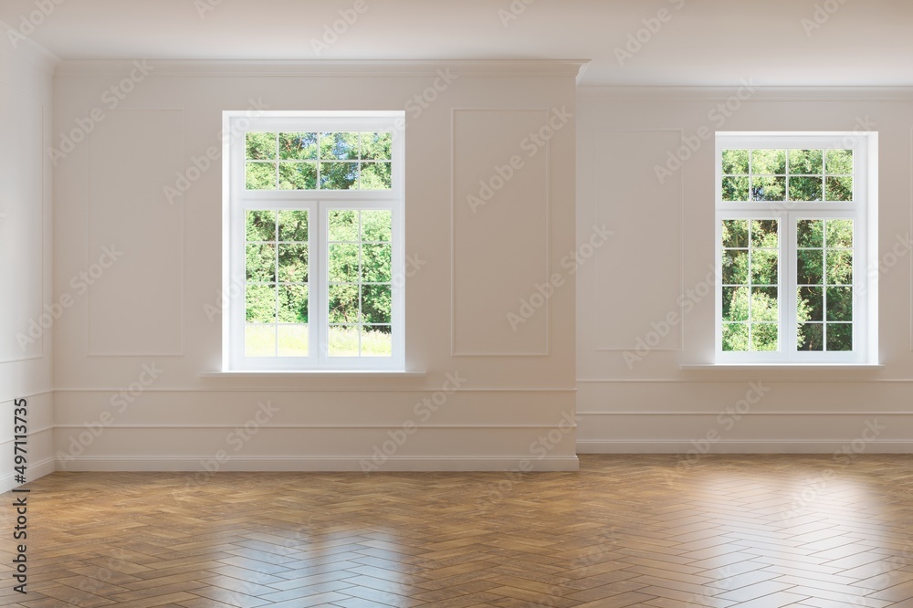 White empty room with summer landscape in window. Scandinavian interior design. 3D illustration White empty room with summer landscape in window. Scandinavian interior design. 3D illustration