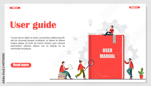 Web banner design with happy tiny people standing near user manual book, guide instruction or textbooks with magnifying glass, specifications user guidance document, flat vector illustration