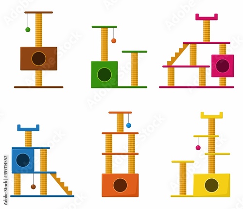 Cat towers and scratching post set isolated on white background. Cat tree with cat house, Furniture for kittens. Collection of playground accessories with claw sharpeners for pets. Vector illustration