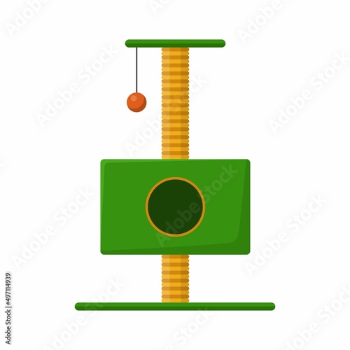 Cat tower and scratching post isolated on white background. Cat tree with cat house, Furniture for kittens. Cat playground accessories with claw sharpeners for pets. Vector illustration