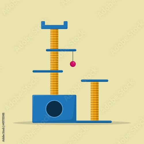 Cat tower and scratching post isolated on white background. Cat tree with cat house, Furniture for kittens. Cat playground accessories with claw sharpeners for pets. Vector illustration