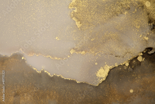 Art Abstract smoke watercolor painting blots horizontal background. Alcohol ink brown and gold glitter colors. Marble texture. © Liliia