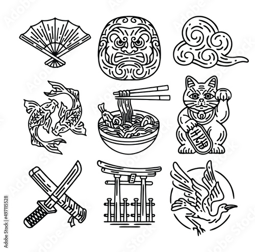 Set of japanese elements. Decoration object in the shape of ink lines. torii, koi, maneki neko, folding fan, ramen, japanese cloud, daruma, short sword with scabbard
