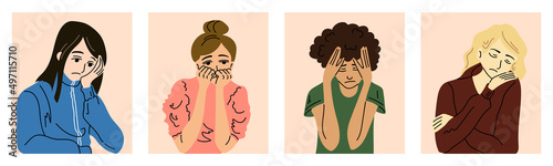 Sad girl. Girls feel grief, despair, sadness. Multinational characters. Set of vector illustrations.