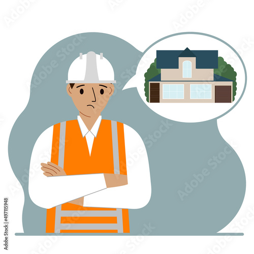 The constructor is thinking about building a house. A sad man in a hardhat and a vest is planning a work process. Engineer, house construction concept.