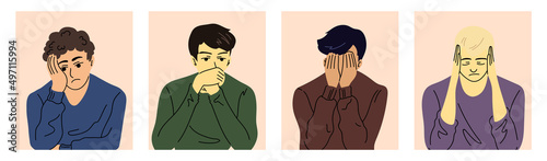 Sad guy. Men feel sadness, grief. Multinational people. Set of vector illustrations.