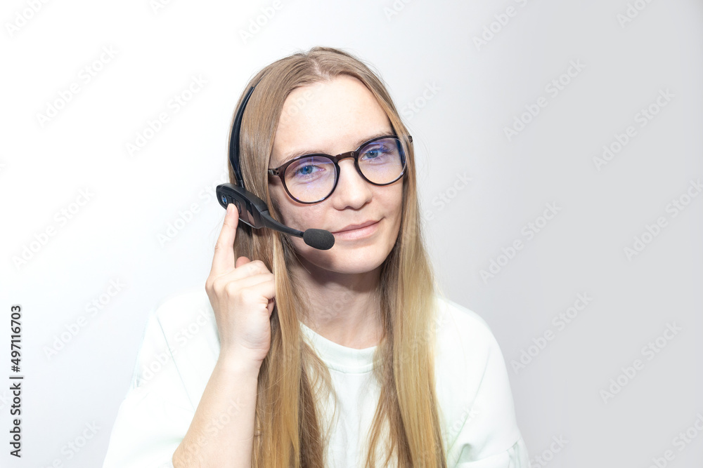 woman agent with headsets working in a call center