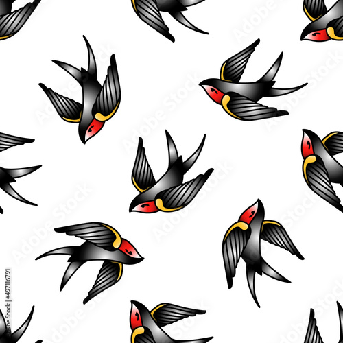 seamless background with swallows in the style of an old-school tattoo. Vector illustration