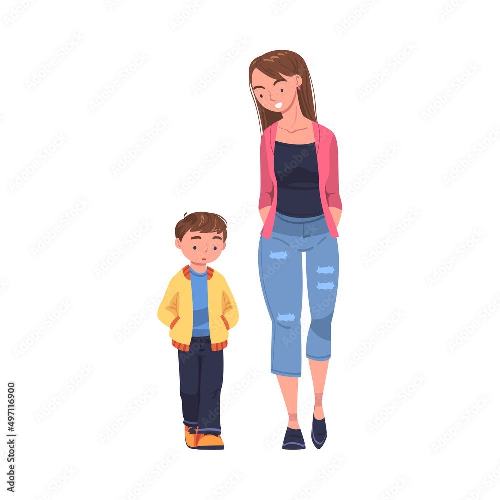 Mother Walking and Talking to Her Puzzled Son Supporting and Soothing Him Vector Illustration Mother Walking and Talking to Her Puzzled Son Supporting and Soothing Him Vector Illustration