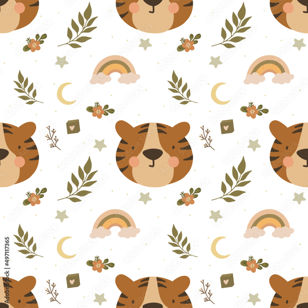 Seamless pattern with cute tiger. Vector illustration.