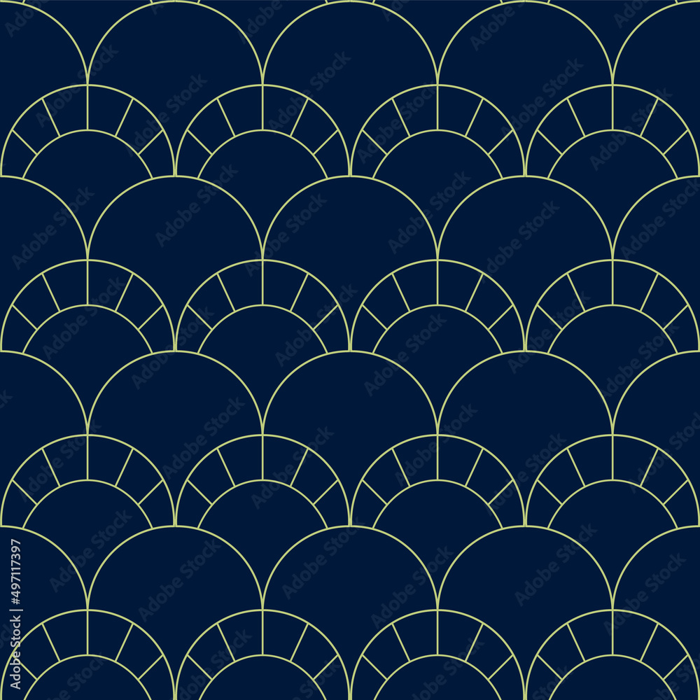 Obraz premium Blue art deco seamless pattern. Vintage mermaid scale. Abstract floral fan. Geometric shape. Vector stock illustration