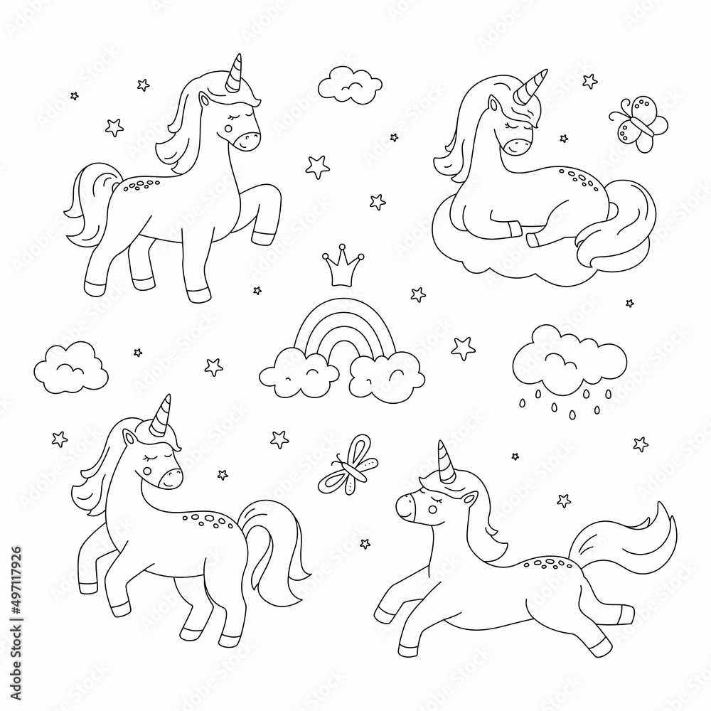 Cute dreaming unicorn set. Black outline. Vector characters with clouds