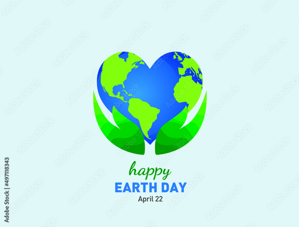 Earth day concept vector illustration. Green eco friendly design. Earth map love shape with green leaf. Save the Earth concept. Happy Earth Day, 22 April.