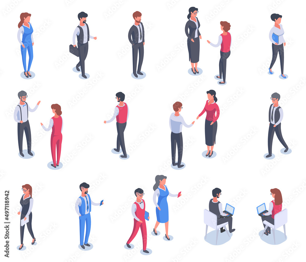 Isometric business people, teamwork office characters. Office team conversation, 3d business person workflow vector symbols illustrations. Business people
