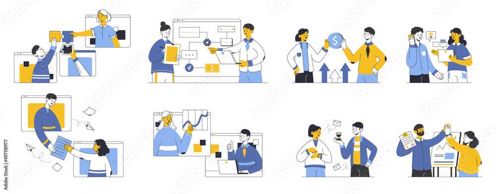 Fototapeta premium Business people team conversation, discussion and presentation, office workflow. Outline business team, office workers vector symbols illustrations set. Brainstorming and communication