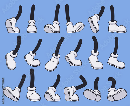 Comic book cartoon foots, doodle mascot legs in boots. Cartoon comic mascot foot, shoe legs poses vector symbols illustrations. Doodle comic foots