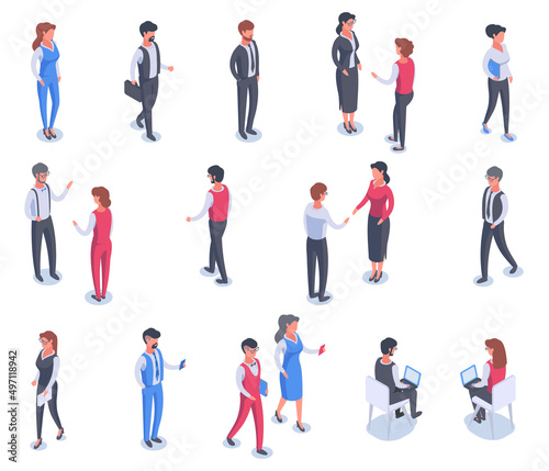 Isometric business people, teamwork office characters. Office team conversation, 3d business person workflow vector symbols illustrations. Business people
