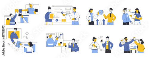 Business people team conversation, discussion and presentation, office workflow. Outline business team, office workers vector symbols illustrations set. Brainstorming and communication