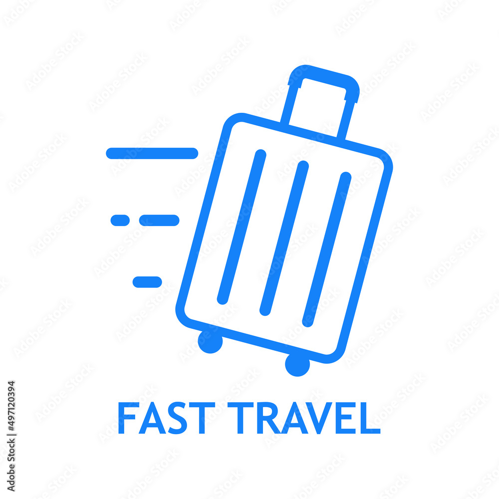 Logo suitcase. Banner con texto Fast Travel y silueta de maleta con ruedas con líneas de velocidad en color azul Logo suitcase. Banner con texto Fast Travel y silueta de maleta con ruedas con líneas de velocidad en color azul