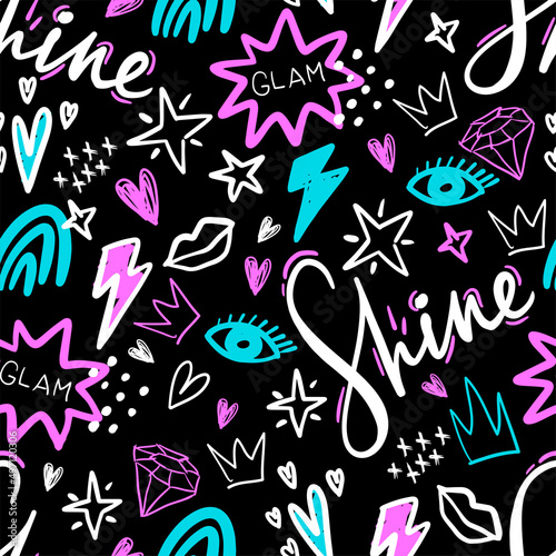 Abstract drawing pattern.Fashion illustration drawing with text slogan, graffiti. Girlish  teen print