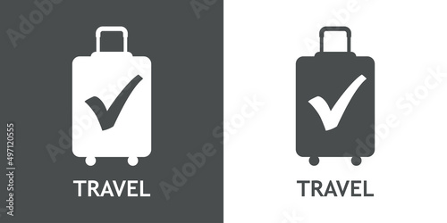 Logo suitcase. Compra online. Banner con texto Travel y silueta de maleta con ruedas como casilla de verificación con checkmark en fondo gris y fondo blanco