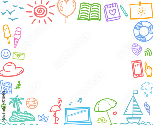Hand drawn colored holiday elements. Colorful sketchy doodles. Summer holidays. Vacation trip