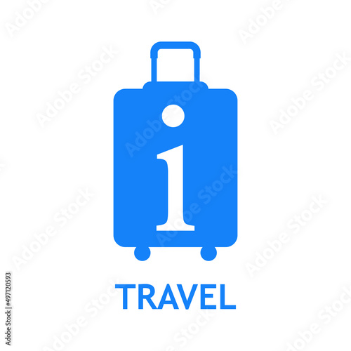 Logo suitcase. Banner con texto Travel y silueta de maleta con ruedas con letra i en color azul