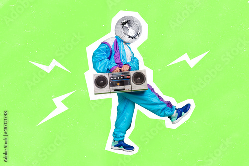 Fototapeta Illustration of male dude walking dancer hold boom box player retro chill have disco ball on head silhouette painted white color green background
