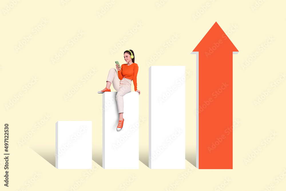 Photo picture of young girl sitting pedestal using new smart phone earphones innovation effects check pop chart music channel Photo picture of young girl sitting pedestal using new smart phone earphones innovation effects check pop chart music channel