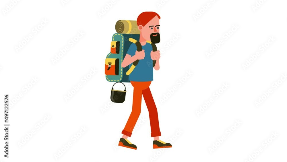 Tourists on a hike. Cartoon hikers with backpack. Backpacker walking 2d animation. Tourists on a hike. Cartoon hikers with backpack. Backpacker walking 2d animation.