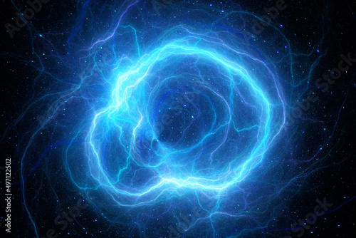 Blue glowing circular plasma lightning in space