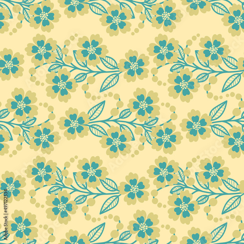 Flower ornament on a yellow background. Abstract floral pattern. Seamless background. Decoration for fabric, wallpaper, wrapping. Decorative print.