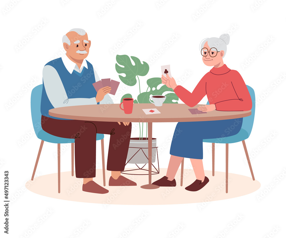 Retirement age people have fun together playing poker. Elderly woman and man play card board games. Evening active gatherings in the nursing home. Flat vector illustration, isolated Retirement age people have fun together playing poker. Elderly woman and man play card board games. Evening active gatherings in the nursing home. Flat vector illustration, isolated